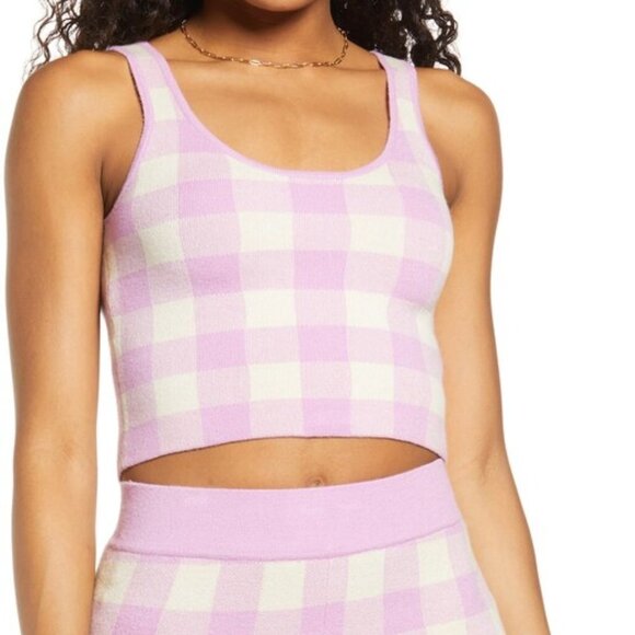 BP 2-Piece Check Crop Sweater Tank Top and Bike Shorts Purple Tulip Check - Picture 2 of 9